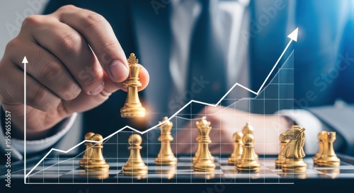 A man moving a chess piece on a board with a graph in the background