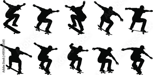 Skateboarder performing jump trick silhouette collection extreme sport skater action urban skateboarding isolated black illustration set