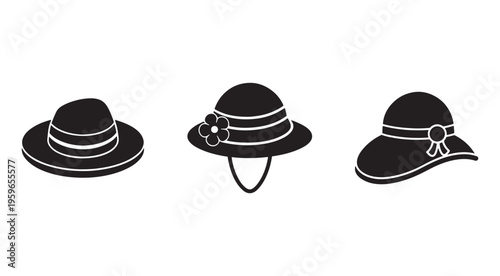 Three black hats with white stripes and different styles and accessories  fashion headwear