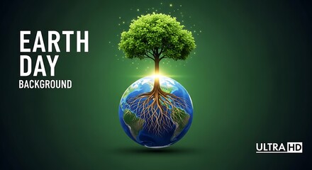 Earth Day background, eco-friendly globe illustration, tree growing out of world, environmental conservation concept, green planet