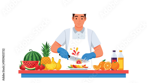 Mastering the Art of Fruit: A skilled chef meticulously slices vibrant fruits, creating a fresh and colorful fruit composition.