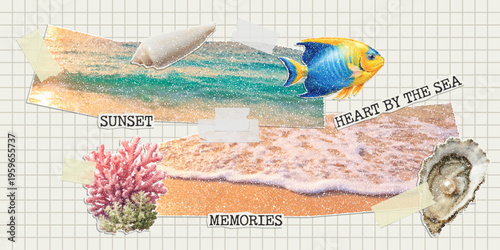 Trendy paper cutout collage summer elements with adhesive tape on a notebook sheet. Clippings of sea, beach, sun and sky.  Halftone style stickers with doodles. Modern collage template.