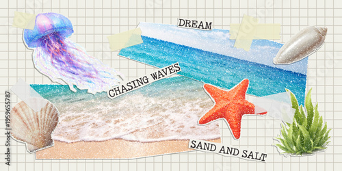Trendy paper cutout collage summer elements with adhesive tape on a notebook sheet. Clippings of sea, beach, sun and sky.  Halftone style stickers with doodles. Modern collage template.