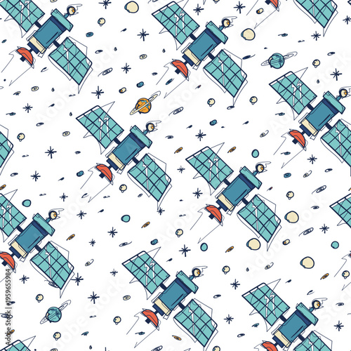 Seamless Retro Orbital Satellite Pattern Teal Hand Drawn Vector Space