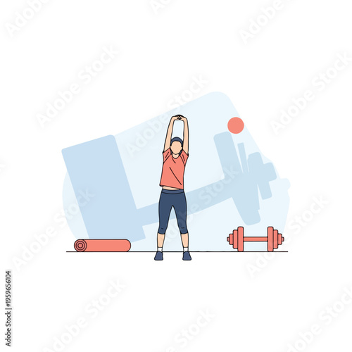 Flat Vector Illustration of Woman Stretching Arms for Workout Warm-up