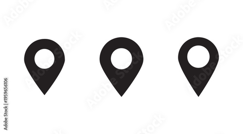 Three black map pin icons on white background for navigation and location marking purposes  map pointers