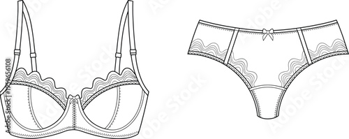 Lace lingerie set illustration, women bra and panties fashion technical drawing isolated on white