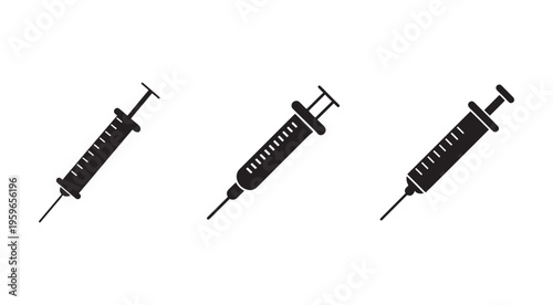 Three black medical syringes with needles on white background for health and medicine concepts  for vaccination and injection illustrations