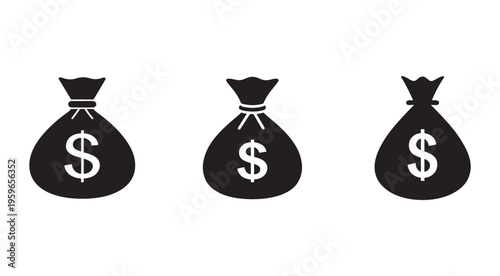 Three black money bags with dollar signs on a white background representing finance and currency  cash and wealth symbols