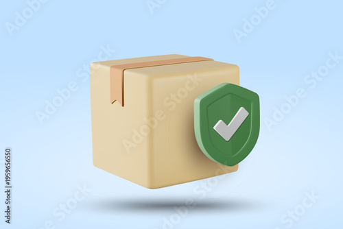 3d vector of a cardboard parcel box with a green security shield and check mark icon, representing safe delivery, package protection, shipping insurance, and reliable logistics transport service.