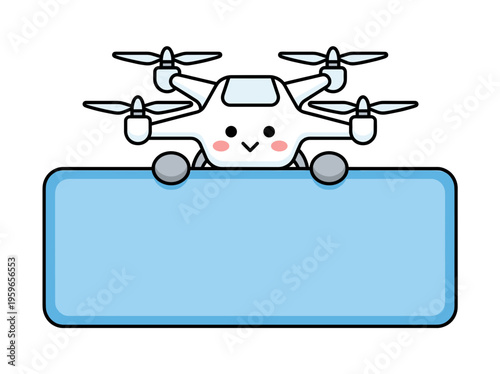 Cute Cartoon Drone Mascot Holding a Blank Blue Banner for Message, Flying Technology Robot Character Vector Illustration Isolated on White