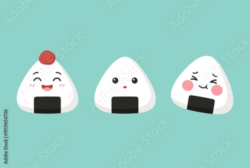 Traditional Japanese Onigiri Rice Ball Characters Set, Cute Kawaii Rice Snack with Different Facial Expressions for Food Menu and Stickers Vector Artwork