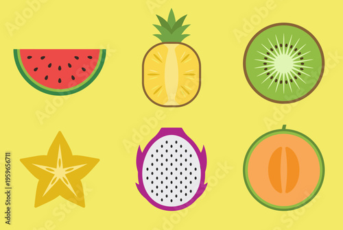 Exotic Tropical Fruit Cross Section Slices Vector Set with Watermelon, Pineapple, Kiwi, Starfruit, Dragonfruit and Melon on Yellow Background