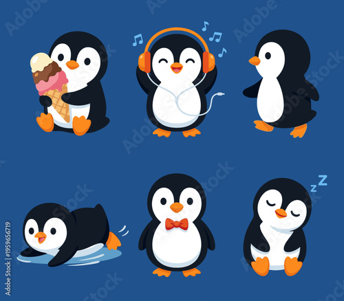 Cute Cartoon Penguin Character Mascot Set in Various Activities Including Eating Ice Cream, Listening to Music, Sleeping and Walking Vector