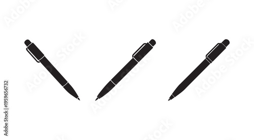 Three black pens with silver accents arranged in a V shape on white background  office supplies and writing instruments