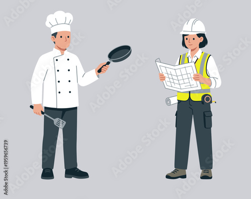 Professional Worker Characters Set with Male Chef Holding Frying Pan and Female Civil Engineer Architect Holding Construction Blueprint Plan