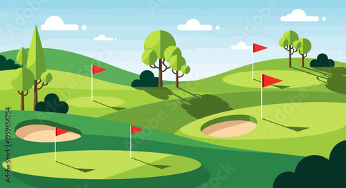 Minimalist Flat Vector Illustration of a Golf Course Landscape with Green Hills, Red Flags, and Sand Bunkers for Sports and Leisure Design
