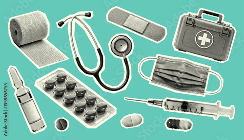 Medical Elements Collection in Vintage Halftone Style, Stethoscope, Syringe, Tablets, Retro Collage Illustration