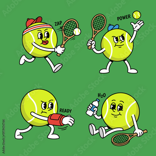Vintage Tennis Ball Mascot Character Set Playing Match with Racket, Hitting Zap, Power Serve, Getting Ready and Drinking Water H2O Vector