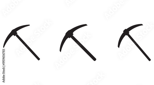 Three black pickaxes with curved blades and long handles  mining tools  isolated on white background