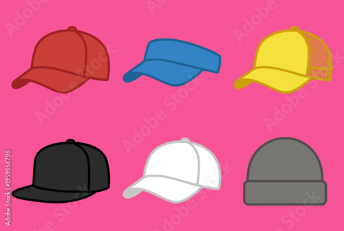 Variety of Baseball Caps and Headwear Collection, Red Cap, Blue Visor, Yellow Trucker Hat, Black Snapback, White Hat and Grey Beanie Vector