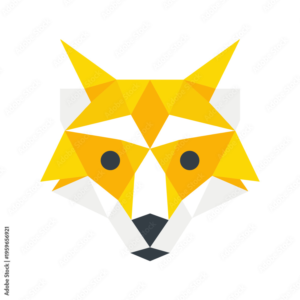 Obraz premium Stylized Geometric Fox Head Logo Design Using Low Poly Triangle Art Style Bright Yellow and White Colors Modern Wild Animal Mascot Vector Illustration