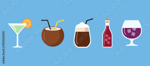 Assorted Tropical Cocktails and Beverages Set Including Coconut Drink Martini Coffee and Red Wine Glass Icons for Bar Menu Summer Beach Party Theme