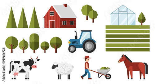 Flat Design Farm Illustration Set with Tractor, Barn, Farmer, and Domestic Animals