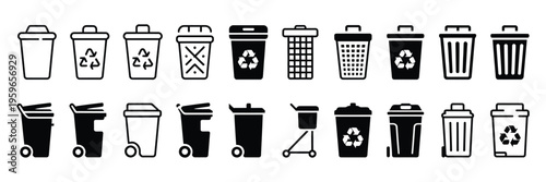 Trash Can Vector Icon Set Featuring Bin, Recycle Bin, Wastebasket, Dustbin, Garbage Tank, and Delete Symbols, Clean UI Icons for Web, App, and Environmental Waste Management Design