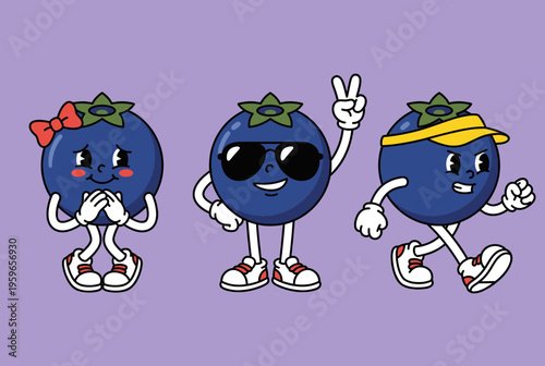Three Funny Blueberry Characters with Different Expressions and Poses Including Shy Cool with Sunglasses and Angry Walking Movement Vector Illustration