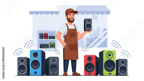 Sound Salesman's Showcase: An illustration depicting a cheerful audio equipment seller proudly presenting a premium loudspeaker in a vibrant store setting, showcasing the power of audio technology. 