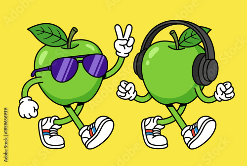 Pair of Cool Green Apple Characters Wearing Sunglasses and Headphones Walking Happily Retro Cartoon Fruit Mascots for Healthy Lifestyle Vector Design