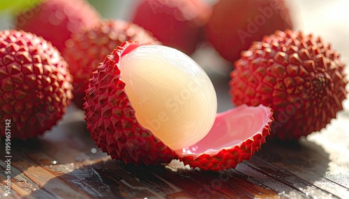 Close-up of vibrant red lychee fruit with peeled skin exposing juicy white flesh on wooden surface illuminated by natural light