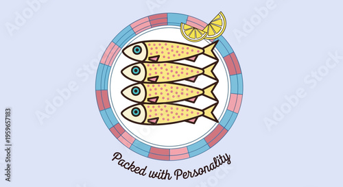 Retro Sardine Plate Illustration with "Packed with Personality" Text and Lemon Slices