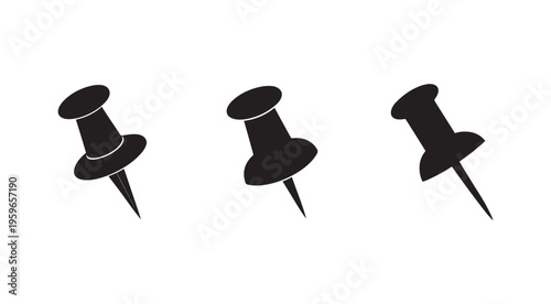 Three black push pins on white background for office or crafting use  simple graphic design elements