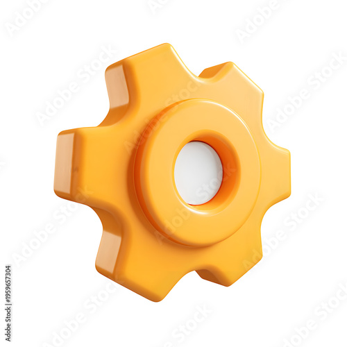 3D render of a glossy yellow gearwheel symbol on transparent background