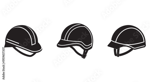 Three black safety helmets with white outlines shown from different angles for construction or industrial use
