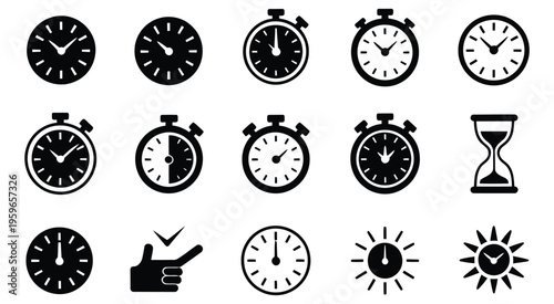 Time tracking and schedule icons, alarm clocks and hand gesture symbols, flat and line vector illustration