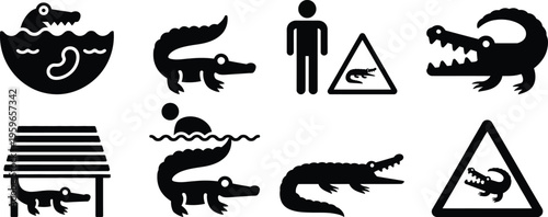 Creative icons featuring crocodiles in various symbolic and environmental contexts