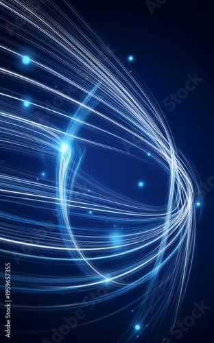 Dynamic blue light trails swirl against a dark background creating an