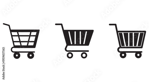 Three black shopping carts with wheels on white background for ecommerce and retail concepts  shopping carts icons
