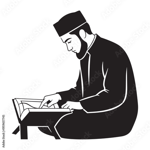 Bearded man reads sacred text from a wooden stand while sitting down.
