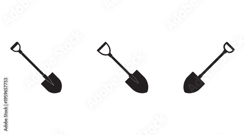 Three black shovels with handles and blades in different positions on white background  garden tools