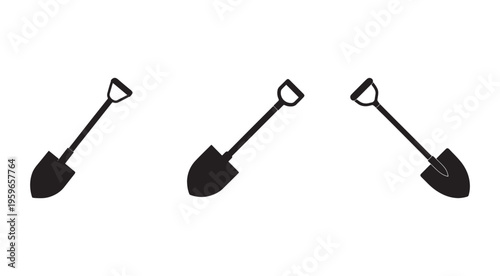 Three black shovels with different angles and positions on white background for gardening and construction work tools