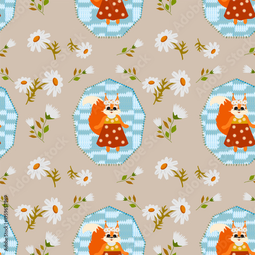 Adorable seamless vector pattern with cute squirrel girls in orange dresses on hand-stitched applique knitted patches