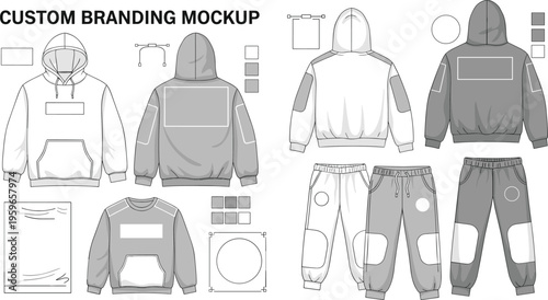 Custom Hoodie and Sweatpants Branding Mockup Set with Front and Back Views Apparel Design Template Vector Illustration