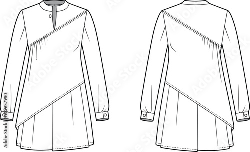 Long sleeve tunic top fashion sketch, mandarin collar, pleated hem, asymmetrical seams, garment design, sewing blueprint