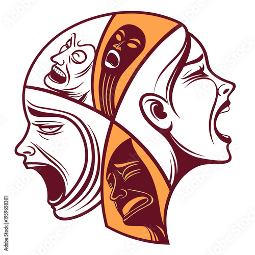 Surreal conceptual illustration of multiple shouting faces contained within a single large head shape representing mental stress and internal chaos