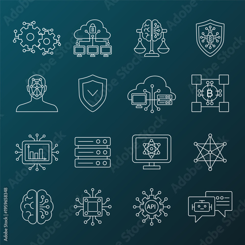 AI security and data protection white line icon set on a dark background. Suitable for web, apps, infographics, and tech presentations.	