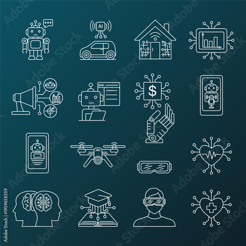 AI innovation and future technology white line icon set on a dark blue background. Suitable for web, apps, infographics, and tech presentations.	